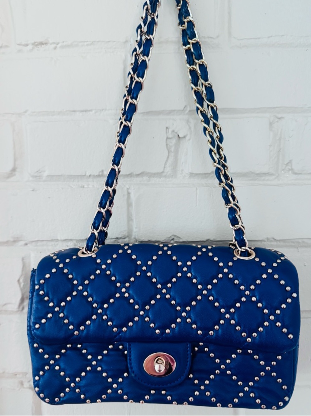Lionel Quilted Blue Studded Chain Strap Shoulder Bag